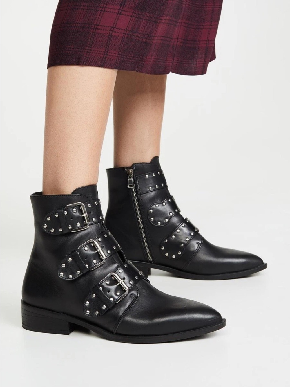 Steven by Steve Madden Black Leather Studded Moto Buckle Boots 8.5